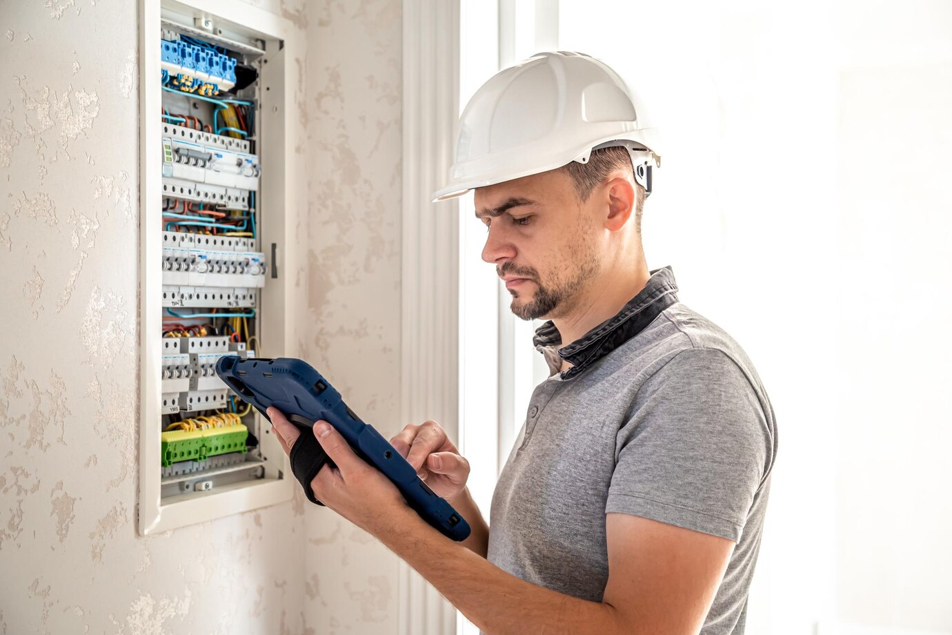 hombre tecnico electrico que trabaja cuadro distribucion fusibles usa tableta 169016 23490